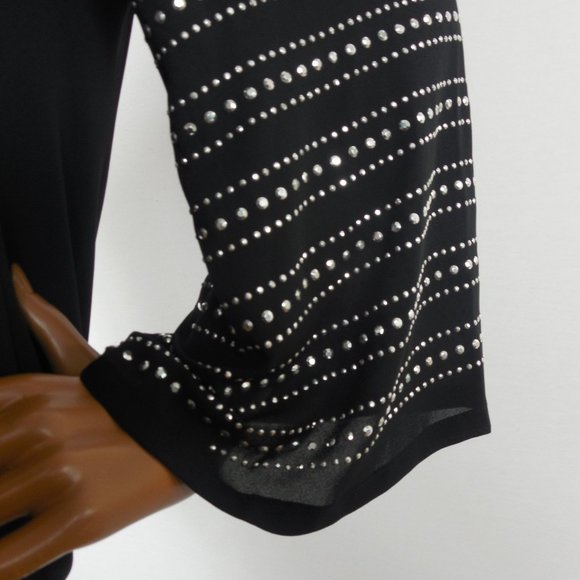 ALFANI Top M/10 Party Blouse Black with Silver Studs Bubble Hem 3/4 Flared Slvs - Picture 5 of 12